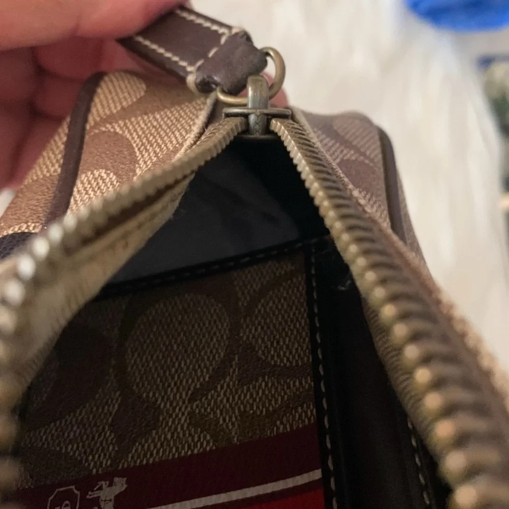 Vintage Coach Tan Messenger Bag with Red and Black Stripes